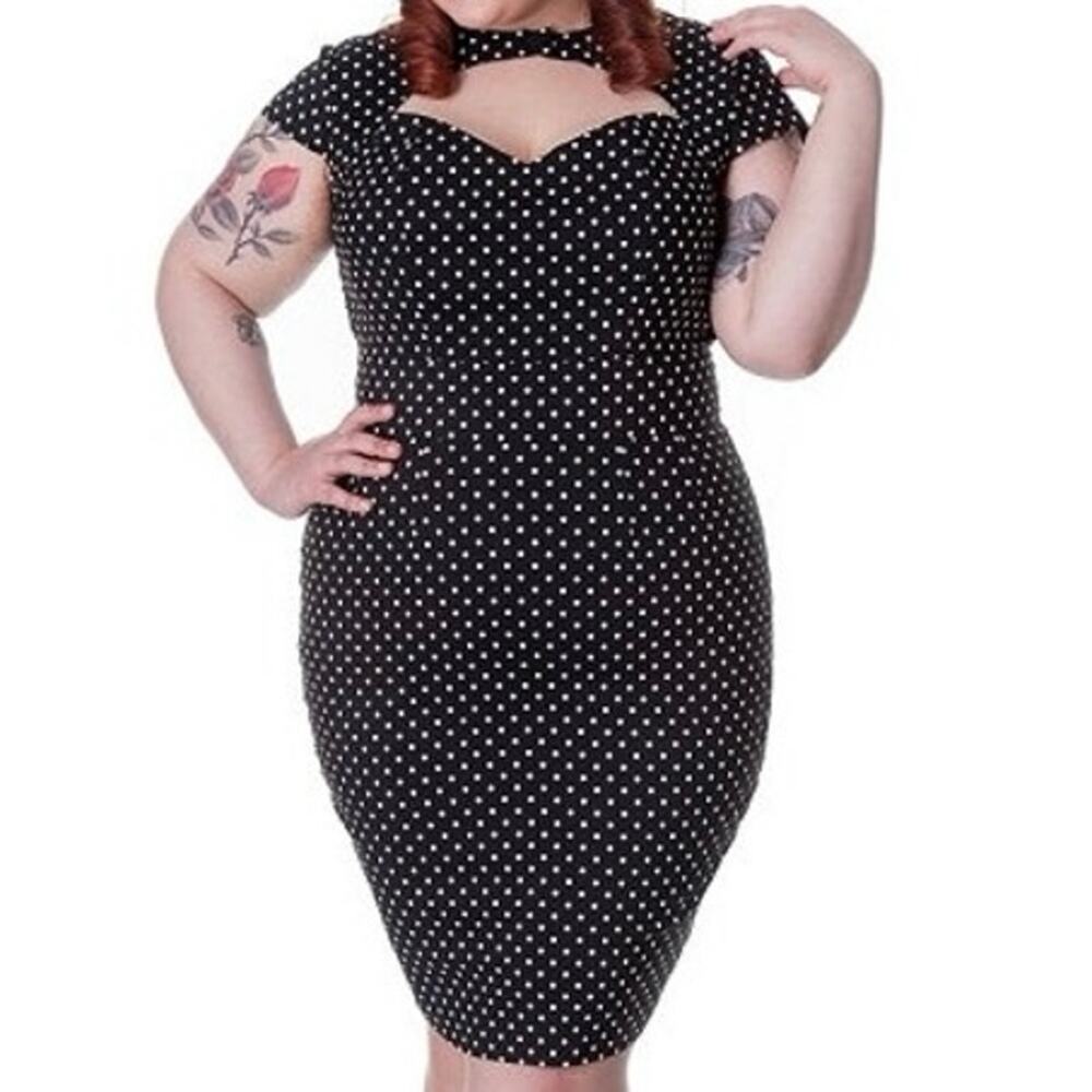 HELL BUNNY Vixen Sandy Pencil Dress Black White Polka Dots Retro - Sz 4X - NWT